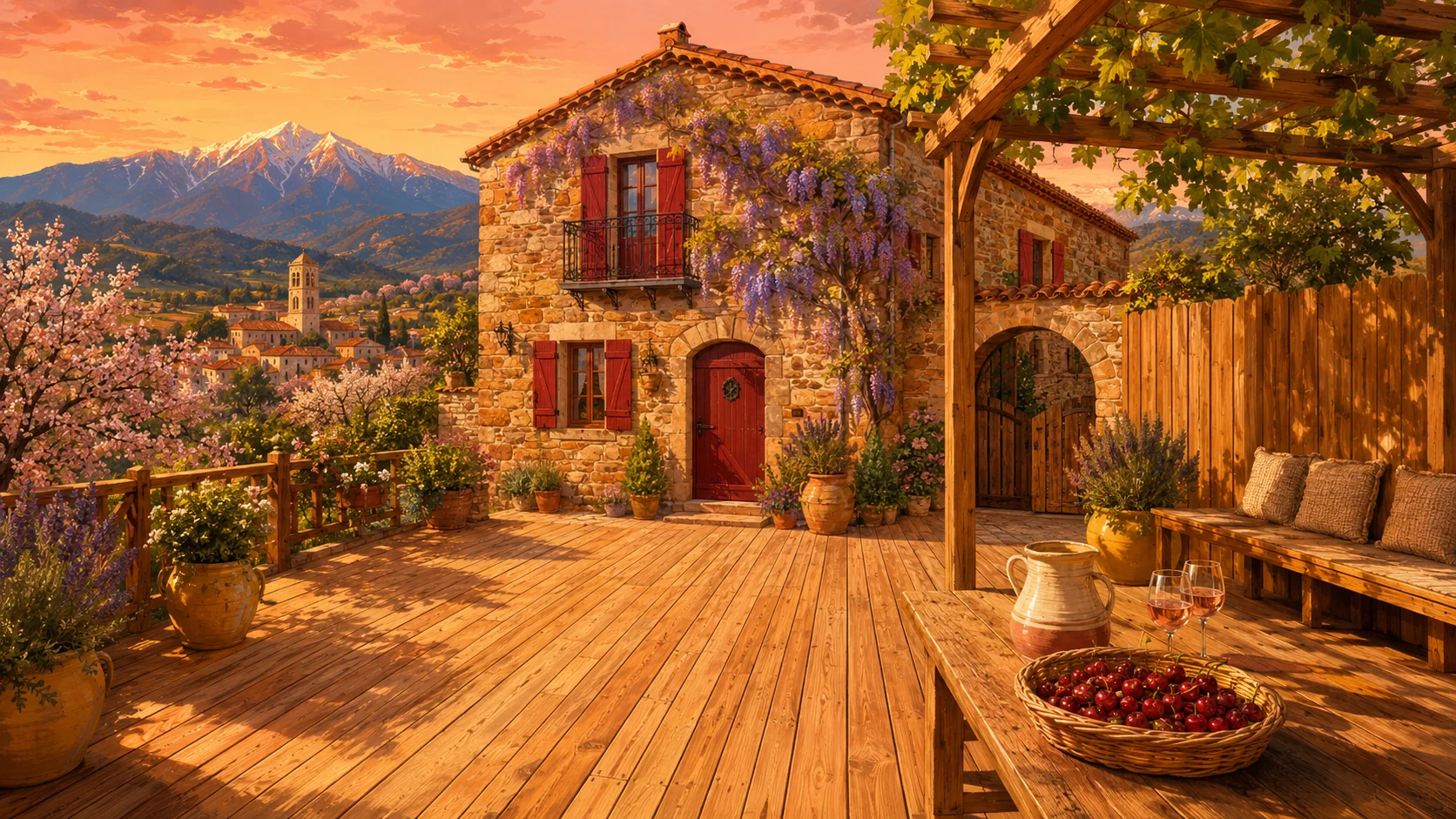 Illustration paysagère du dépôt avec terrasse en bois et clôture